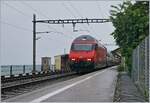 Bei St-Saphorin ist eine SBB Re 460 mit iherem IR nach Brig bei garstigem Wetter unterwegs.