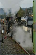 Die mit ihrem Personenzug in Blonay eingetroffene G 3/3 N° 6 beim Manöver des Umsetzens: die Lok schiebt den Zug in die Steigung, fährt zurück auf ein Wartegleis, die Personenwagen