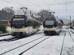 Der erste Schnee! Der CEV MVR ABeh 7502  Blonay  ist auf der Fahrt von Les Pl�iades nach Vevey und erreicht Blonay.