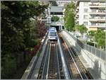 Ein TL Be 8/8 der Linie M2 im Testbetrieb zwischen dem Bahnhof (oben zu erkennen) und Ouchy.

4. Okt. 2008