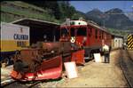 RhB ABe 4/4 Nr.51 mit Schneepflug in Poschiavo im August 1991.