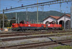 Aem 940 021, Am 841 029 und in den Lokschuppen passt die lange Aem 940 051 nicht ganz hinein. Del�mont, August 2024.