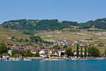 Blick vom Genfersee (von der LA SUISSE) auf die Weinberge vom Lavaux, am 26.05.2012 (ca.