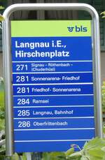 (275'865) - bls-Haltestellenschild - Langnau i.E., Hirschenplatz - am 26.