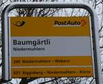 (258'848) - PostAuto-Haltestellenschild - Niedermuhlern, Baumg�rtli - am 22.
