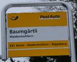 (258'850) - PostAuto-Haltestellenschild - Niedermuhlern, Baumg�rtli - am 22.