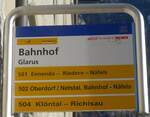 (187'512) - PostAuto/GLARNER BUS-Haltestellenschild - Glarus, Bahnhof - am 31.