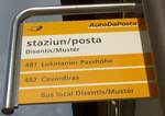 (174'847) - PostAuto-Haltestellenschild - Disentis/Mustr, staziun/posta - am 10.