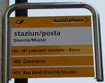 (280'082) - PostAuto-Haltestellenschild - Disentis/Must�r, staziun/posta - am 8.