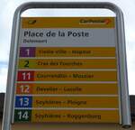 (151'054) - PostAuto-Haltestellenschild - Delmont, Place de la Poste - am 29.