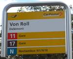 (175'509) - PostAuto-Haltestellenschild - Delmont, Von Roll - am 7.