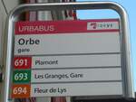 (173'013) - URBABUS/travys-Haltestellenschild - Orbe, gare - am 15.