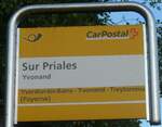 (173'008) - PostAuto-Haltestellenschild - Yvonand, Sur Priales - am 15.