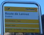 (201'755) - PostAuto-Haltestellenschild - Evolne, Route de Lannaz - am 24. Februar 2019