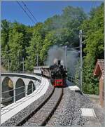 Die SEG G 2x 2/2 105 der Blonay-Chamnby Bahn dampft bei Vers-chez-Robert über den neu restaurierten Baye de Clarens Viadukt in Richtung Chamby.