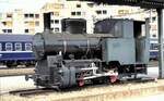Schmalspur Dampflok Molly 600mm Spurweite in Turgi auf dem Sockel am 18.08.1984.