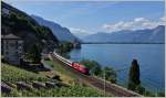 Ein Interregio fährt auf seinem Weg nach Genf Flughafen am Château de Chillon vorbei.