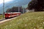 Auf dem Weg von Brig nach Andermatt legt BDeh 2/4 43 der FO ein Zwischenhalt in M�nster ein (Juli 1983)