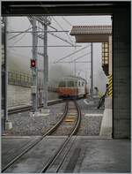 Bei nebligem Sommerwetter verl�sst der BLM Be 4/4 21 M�rren in Richtung Gr�tschalp.

23. Juli 2024 rm 