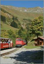 Die Hm 2/2 Loks sind auch Reisezugverkehr eingesetzt, hier erreieht ein solcher die Kreuzungsstation Planalp.