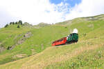 Talfahrt - Brienz Rothorn Bahn Lok 6 mit ihren beiden Wagen B 16 und B2 26 im Abstieg unterhalb des Chüemaadtunnels.