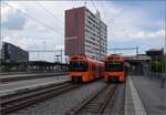 In Worblaufen auf der Worblentalbahn begegnen sich Worbla Be 4/10 09 und Be 4/10 11 auf ihrem Weg von und nach Worb.