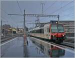 Ein TPF Regionalzug nach Broc Village (und sein Spiegelbild) erreichen Bulle.