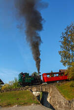 Die Kohle befeuerte BRB 6 fährt am 01.10.2011 um 9:45 Uhr mit ihren Zug (zwei Vorstellwagen) zum Brienzer Rothorn hinauf. 

Die H 2/3 der 2. Generation wurde 1933 unter der Fabrik-Nr. 3567 bei der SLM - Schweizerische Lokomotiv- und Maschinenfabrik in Winterthur gebaut. 

Das Pflichtenheft verlangt die Beförderung von zwei statt nur einem 4-achsigen Personenwagen. 

Technische Daten:
Spurweite: 800 mm
Achsfolge: 2zz1' (d.h. 2 nicht angetriebene Tragachsen, 2 Triebzahnräder, 1 bewegliche Laufachse)
Zahnstange System: Abt
Leistung: 220 kW (300 PS)
Zugkraft: 50 kN 
Höchstgeschwindigkeit bei 250 ‰ und unter Volllast: 9,0 km/h
Leergewicht: 16.700 kg
Dienstgewicht: 20.000kg 
Länge über Puffer: 6.400 mm
Tragraddurchmesser: 653 mm
Triebzahnraddurchmesser: 573 mm
Laufraddurchmesser: 520 mm
Zahnradübersetzung: 1:2,2
Kohlenvorrat im Kasten: 550 kg (Verbrauch 350 kg/Fahrt)
Wassermenge im Kessel: 1.050 Liter
Wasservorrat im Kasten: 1.500 Liter
Wasserbedarf pro Fahrt Brienz-Rothorn retour: 2.000 Liter
Kesseldruck: 14 bar
Überhitzung: auf 380° C (Grossrauchröhren-Überhitzer System Schmidt)
Zylinderhub: 400 mm 
Keine Feuerung bei Talfahrt: Bei Talfahrt wird die Dampfmaschine als Luftpumpe betrieben: sie bremst den gesamten Zug, zur Kühlung muss Wasser eingespritzt werden
Gegendruckbremse: System Riggenbach
Handbremsen: auf Führer- und auf Heizerseite
Personalbedarf: 1 Lokführer und 1 Heizer
    
1971/72: grundlegende Sanierung, neue Feuerbüchsen durch das Ausbesserungswerk Offenburg der DB
1990: Umbau der Feuerung auf Stückkohle, statt Brikettfeuerung
    
Die Lok kann im 2 1/2-Stunden-Takt eingesetzt werden.
