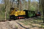 BPE 199 103-3 der ehemaligen Pioniereisenbahn Berlin mit einem Zug durch die Wuhlheide (27.04.2008).