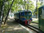 Diesellokomotive TU2 087 der Kindereisenbahn. Strijskij Park, Lviv Ukraine 31-08-2019.

Diesellocomotief TU2 087 van de pionier of kinderspoorweg. Strijskij Park, Lviv, Oekrane 31-08-2019. 